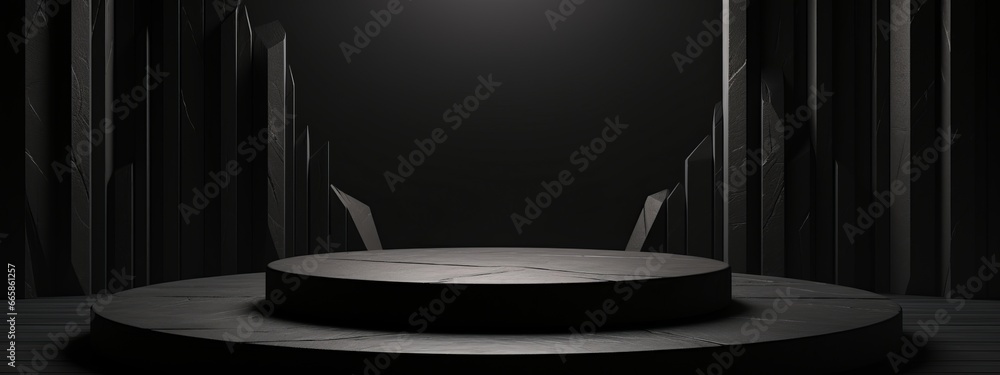 Black podium stone background rock product display 3d dark stand platform abstract stage scene studio. Stone wall black space podium mockup pedestal geometric marble showcase minimal presentation. - obrazy, fototapety, plakaty 