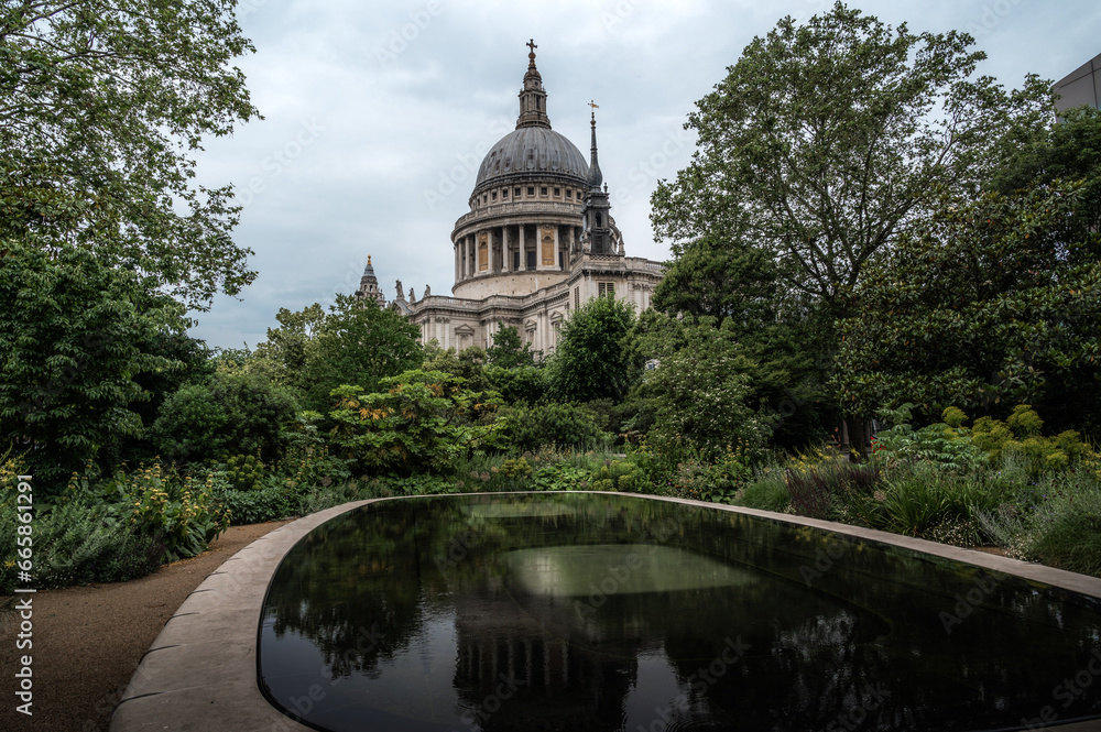 St Paul's Cathedral in London on a rainy day with reflections