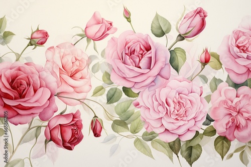 Artistic arrangements of rose patterns created with watercolor. Generative AI