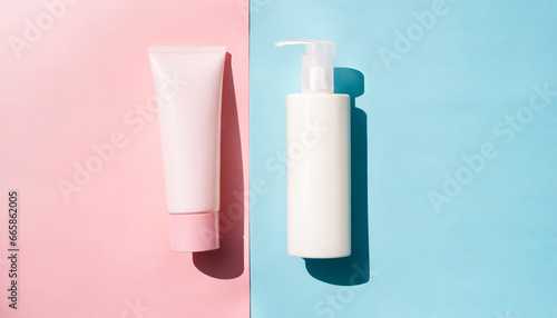 delicate pale pink and blue cosmetics packaging container for skincare fragrance or toiletry industries on pastel background beauty product mock up store shelf generative ai technology