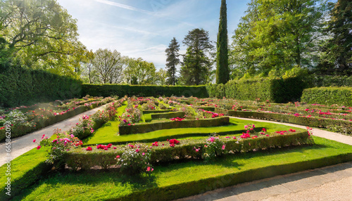 design a high resolution image of a garden labyrinth adorned with climbing roses creating an enchanting and romantic atmosphere