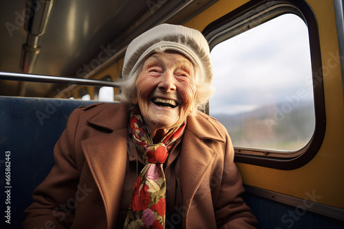 older woman smiling while sitting in a train