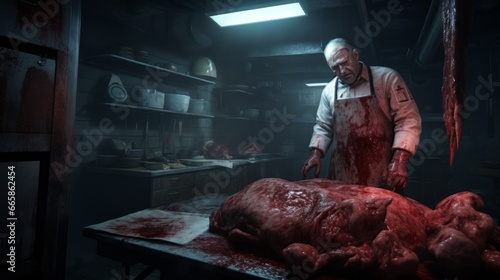 Unsettling looking butcher with a flesh of a creature  from nightmares, terrifying horror movie scene photo