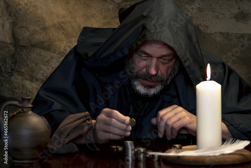 Obraz na płótnie Portrait of a monk in a cassock, counting money by candlelight in a dark stone room, stacks of coins