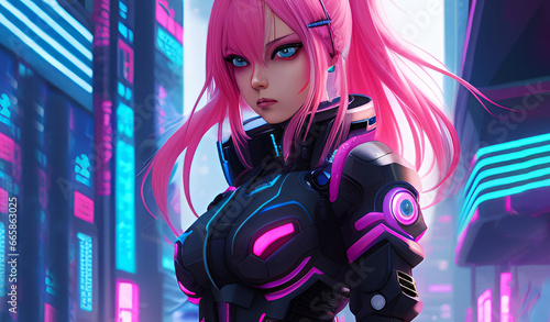 Cyberpunk Retro Girl with Pink Hair