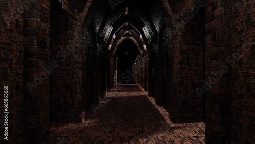 the camera moves along the corridor of a medieval castle. looping abstract animation. 3d render