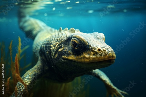 Unusual aquatic reptile swimming underwater. Generative AI