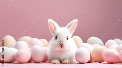 Cute white Easter bunny and Easter eggs on pastel background © Petrova-Apostolova