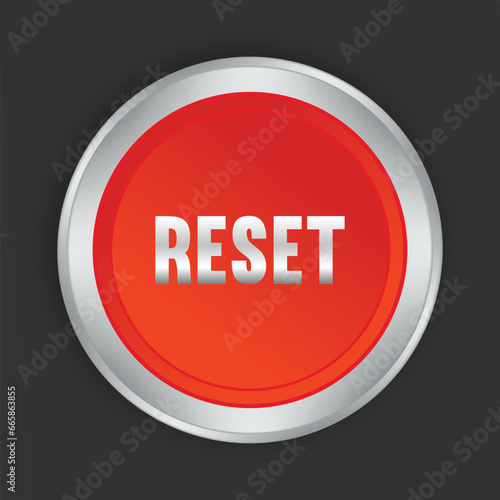 Red reset button isolated on black background. High resolution 3d
