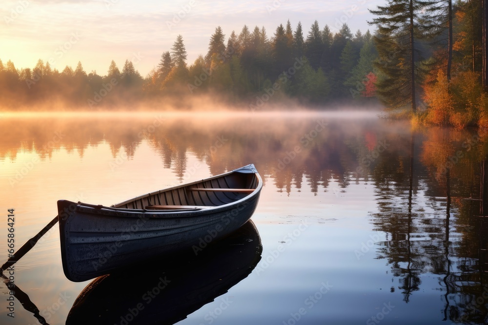 A tranquil lakeside scene with a rowboat and reflections at dawn exuding serenity. A tranquil lakeside scene with a rowboat and reflections at dawn exuding serenity.