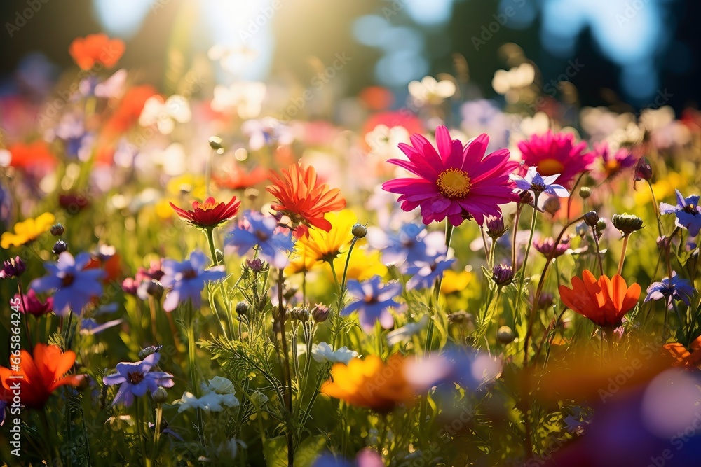 A close up of colorful wildflowers in a sunlit meadow showcasing nature's beauty.