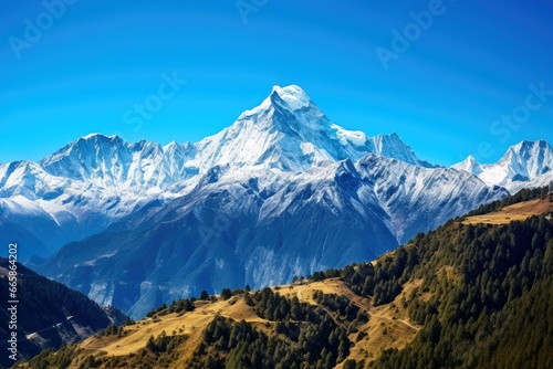 A stunning mountain vista with snow-capped peaks and clear skies capturing majesty.