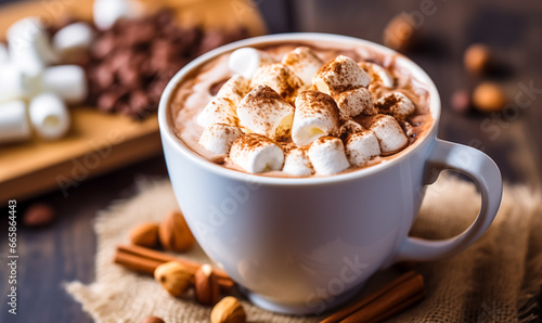 Mug of Irish Cream Mocha Latte topped with whipped cream, grated chocolate and marshmallows. Chocolate with whipped cream. Christmas card with hot cocoa and golden bokeh