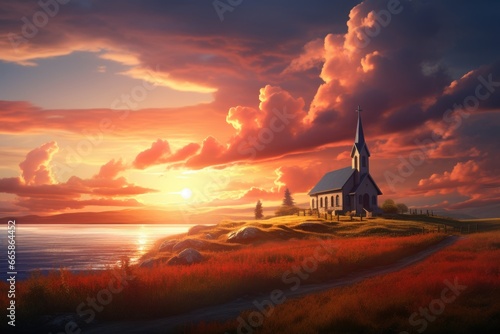 Sunset over the church spiritual inspiration photo