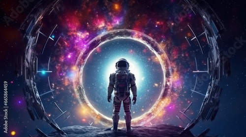 Astronaut cosmonaut discovery of new worlds of galaxies, fantasy portal to far universe. Astronaut space exploration, gateway to another universe. 3d render