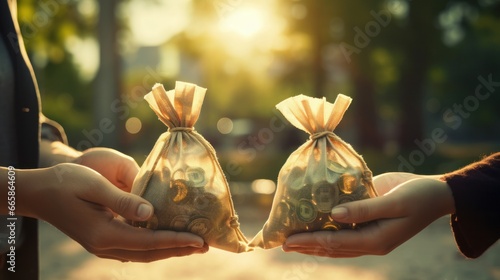 A man and a women hands hold a money bags in the public park for loans to planned investment in the future concept