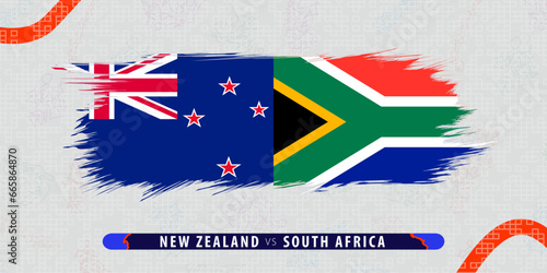 New Zealand vs South Africa, international rugby final match illustration in brushstroke style. Abstract grungy icon for rugby match.