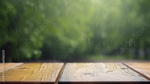  Wet wooden tabletop with rain drops for product display at green forest background. Copy space 