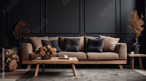 Wooden sofa with dark pillows in scandi style living room photo