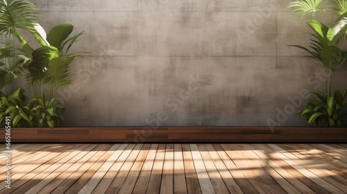  Empty old wood plank wall 3d render. There are concrete floor. Behind the backdrop is a tropical garden, sunlight shine into the room