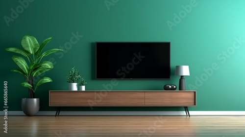 Living room with cabinet for tv on dark green color wall background.3d rendering photo