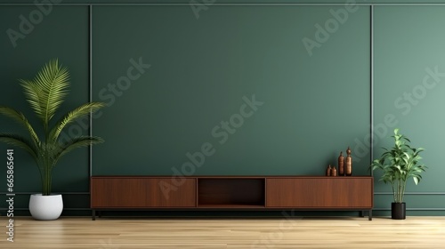 Living room with cabinet for tv on dark green color wall background.3d rendering photo