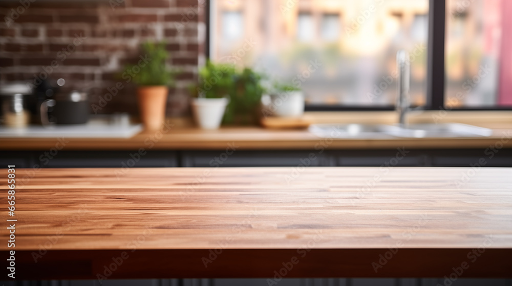 Wooden Product Presentation Table with Kitchen Backdrop, Food and Beverage Concept Wooden Product Presentation Table with Kitchen Backdrop, Food and Beverage Concept