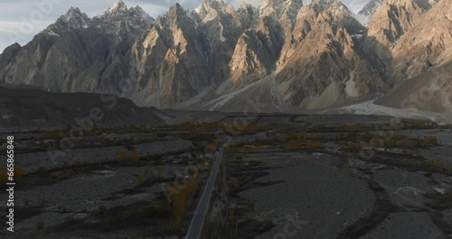 Aerial View of the Karakoram Highway (KKH) and Passu Cones (or Cathedral)  in Hunza, Valley, Himalayas, Pakistan