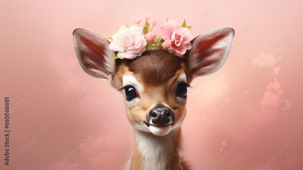 Cute kind fawn wearing a flower crown against a pink background