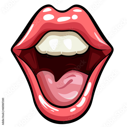 Happy opened mouth and red lips vector illustration, Mouth , teeth visible screaming or laughing mouth stock vector image