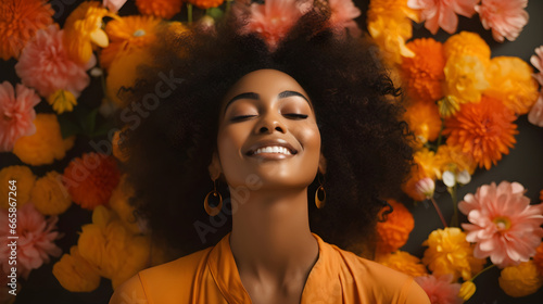 Portrait of happy woman lying on flowers autumn with smiling and happiness feeling © The Stock Guy