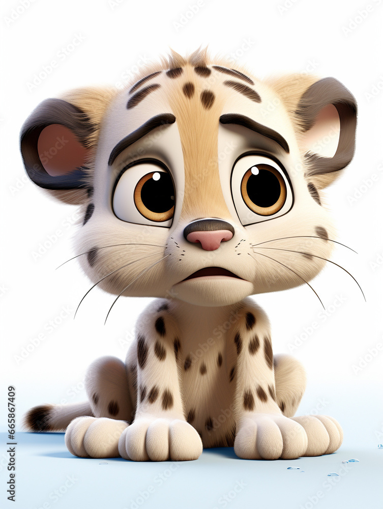 A 3D Cartoon Leopard Sad and Surprised on a Solid Background