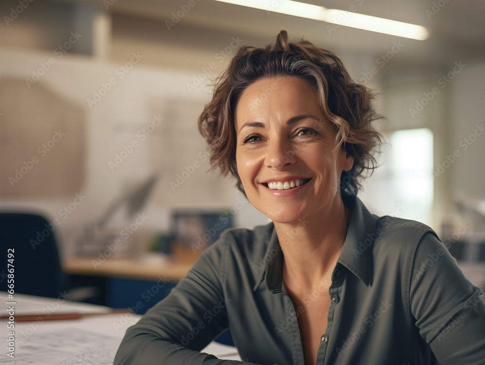 Portrait of a professional businesswoman smiling with happiness. Happy girl in the office designer interior