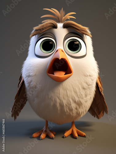 A 3D Cartoon Sparrow Sad and Surprised on a Solid Background