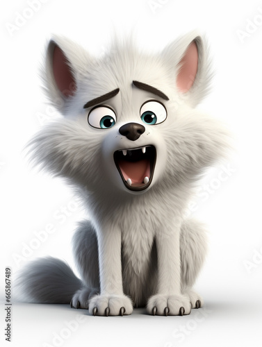 A 3D Cartoon Wolf Sad and Surprised on a Solid Background