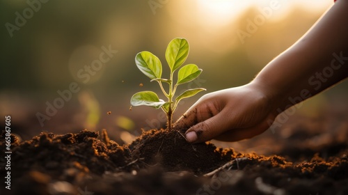 hold young tree ready to grow in fertile soil  prepare for plant and reduce global warming  Save world environment   save life  Plant a tree world environment day  sustainable   volunteer