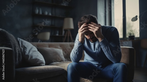 Depression and mental illness. Asian man disappoint, sad after receive bad news. Stressed boy confused with unhappy problem, arguing with girlfriend, cry and worry about unexpected work, down economy. photo