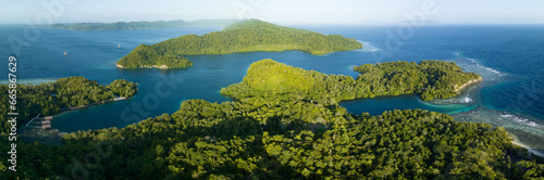 Tablou pe pânză Tropical forest is fringed by coral reefs at Yangeffo Island in Raja Ampat