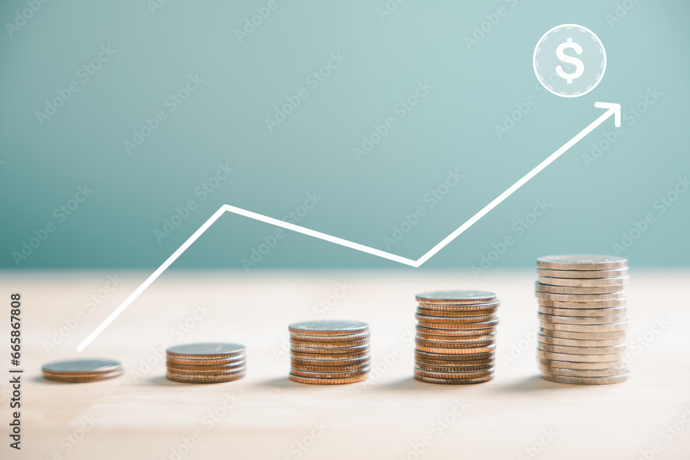 A stack of silver coins meets an ascending trading chart arrow, exemplifying financial concepts and investment in business stock growth. Leaps in technology define this era. money saving graph A stack of silver coins meets an ascending trading chart arrow, exemplifying financial concepts and investment in business stock growth. Leaps in technology define this era. money saving graph