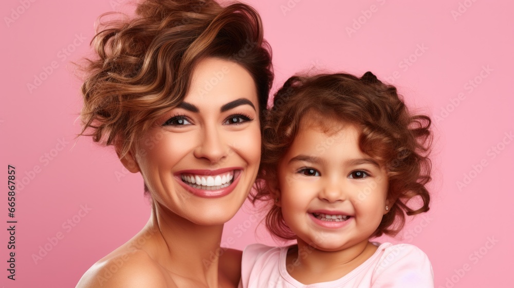 Mother's day. Happy family daughter and mom on pink background. Mother's day. Happy family daughter and mom on pink background.