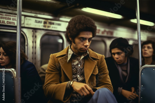 1970's style photo of New Yorkers riding the subway. Innocence of the 70's, fluorescent lighting and gritty themes of NYC. photo