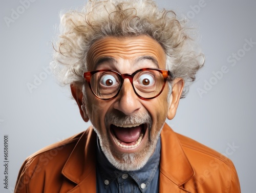 An exuberant older gentleman with curly white hair and vibrant orange glasses showcases a lively and shocked facial expression on a neutral background. © DigitalArt