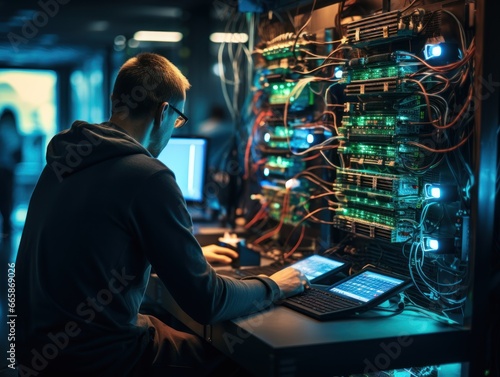 A man is deeply engrossed in setting up or troubleshooting a complex server rack. The server emits a vibrant green light amidst a myriad of cables and devices, technician, programmer, 