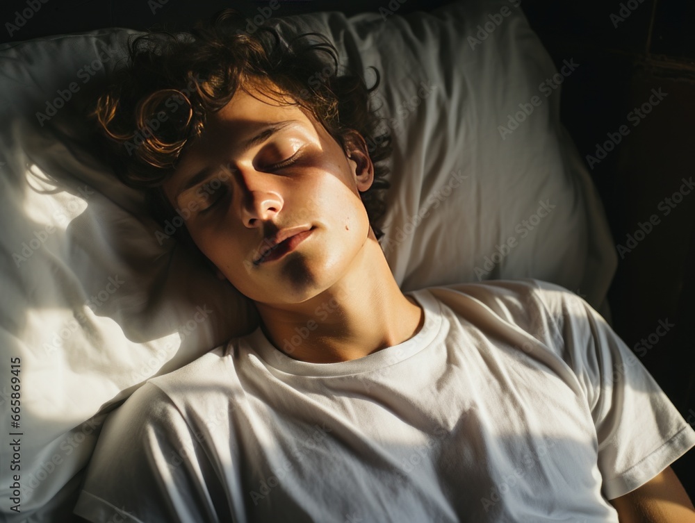 A young individual is peacefully resting with closed eyes, sunlit face, and curly hair sprawled on a pillow. They are surrounded by the soft white bedding. A young individual is peacefully resting with closed eyes, sunlit face, and curly hair sprawled on a pillow. They are surrounded by the soft white bedding.