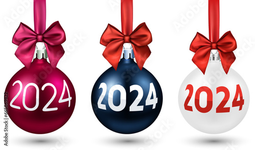 Set of realistic Christmas balls with satin ribbon and a bow, isolated on white background and 2024 lettering.
