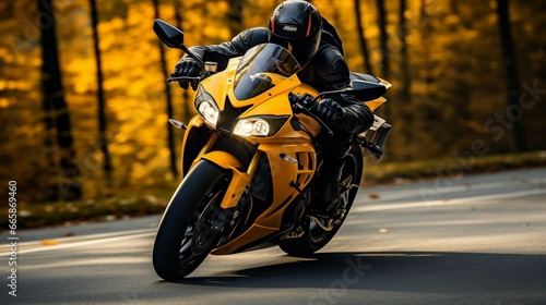 Motorcyclist leaning into a sharp turn at speed 