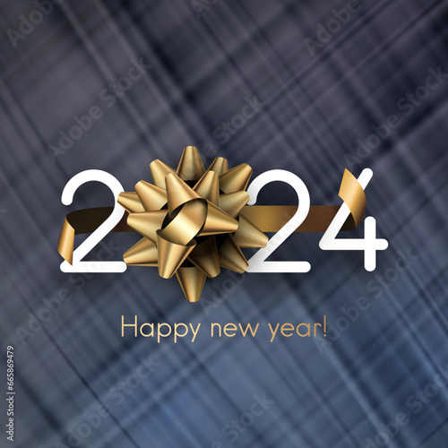 New Year 2024 white paper numbers with golden foil bow and ribbon placed on textured mesh cloth dark background.