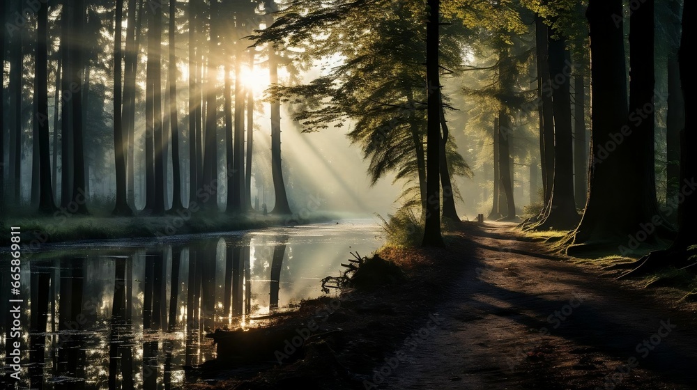 Fototapeta premium Shadows of trees stretching across a tranquil lake 