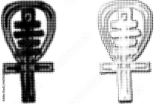 Dotted halftone execution of the Key of Life in Egyptian mythology (Egyptian Cross, Ankh). Two vector options.