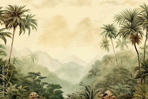 Tropical vintage green palm tree border with jungle landscape background. Generative AI